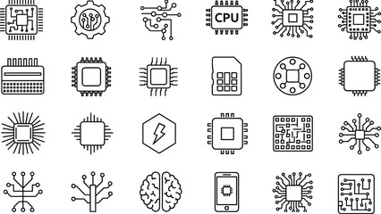 Comprehensive Set of Minimalist Vector Icons Representing Microchips Central Processing Units Circuit Boards Artificial Intelligence Technology and Digital Hardware Engineering