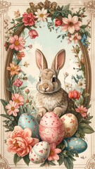 Easter Bunny Surrounded by Eggs and Flowers.