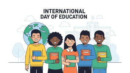 Diverse group of students holding books together celebrating international day of education