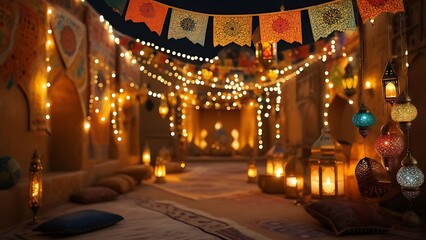 An atmospheric corridor glows with string lights, paper flags, and lanterns. A cozy, nighttime ambience evokes warmth