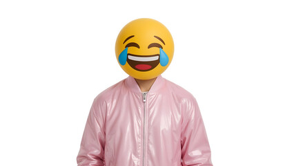 Person wearing laughing emoji mask and pink jacket on the transparent background, humorous expression, emotion concept, modern trendy style