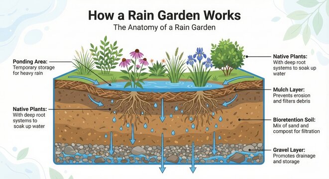 Anatomy of a Rain Garden Cross Section Showing Soil Layers and Native Plants