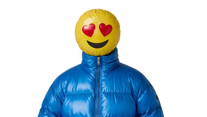 Person with heart eyes emoji mask wearing shiny blue puffer jacket on the transparent background