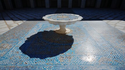 courtyard. Moonlit Arabic courtyard with geometric tiles and shadowed fountain. real-estate listings, architecture portfolios, designed for real-estate listing and luxury residence showcases.
