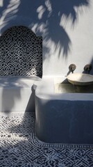 courtyard. Moonlit Arabic courtyard with geometric tiles and shadowed fountain. real-estate listings, architecture portfolios, designed for real-estate listing and luxury residence showcases.
