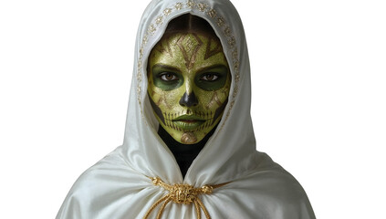 Mysterious woman in white hood with green face paint and gold skull makeup on isolated background