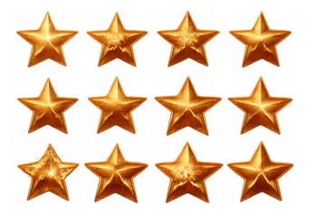 Gold stars collection of game ui elements for rating and achieving success on transparent background