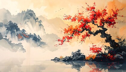 Serene Watercolor Landscape with Red Tree.