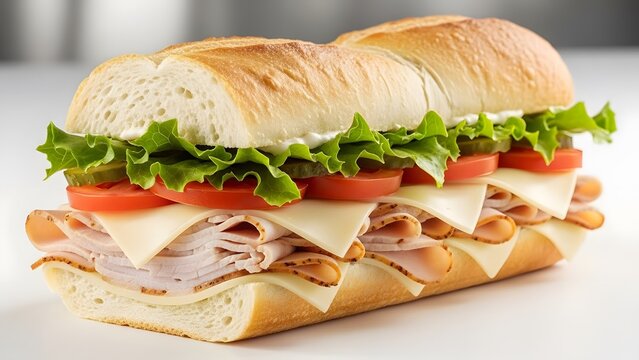 A delicious classic turkey and Swiss cheese sub sandwich on a fresh bun with crisp lettuce, ripe tomatoes, and pickles. Ideal for food styling, menus, and culinary