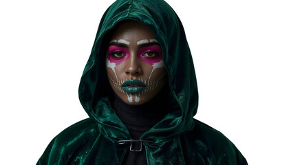 Mysterious woman in velvet green hood with bold pink and white face paint, dramatic costume makeup, halloween concept on the transparent background