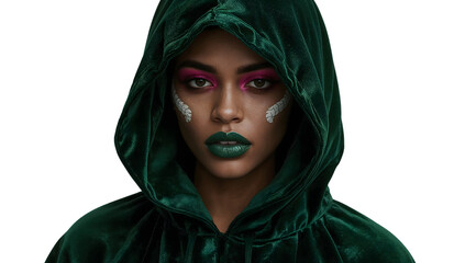 Mysterious woman in green velvet hood with artistic makeup and bold pink eyeshadow on the transparent background