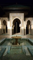 courtyard. Moonlit Arabic courtyard with geometric tiles and shadowed fountain. real-estate listings, architecture portfolios, designed for real-estate listing and luxury residence showcases.
