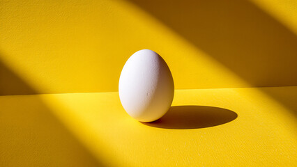 A simple composition with a single chicken egg in the center of the frame. The use of hard, directional light creates deep, contrasting shadows against a rich yellow background. Ideal for contemporary