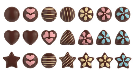 Assorted chocolate bonbons with decorative patterns arranged in neat rows