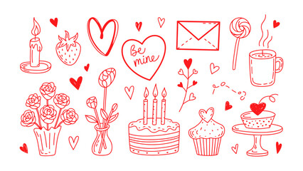 Sweetheart Symbols: Hand-drawn set of Valentine's Day icons with hearts, romantic symbols, and objects associated with love, affection, and celebration. A perfect visual for cards.