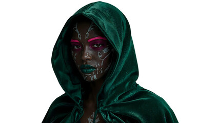 Mysterious woman in emerald hooded cloak with tribal face paint and bold pink eyebrows on the transparent background