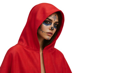 Mysterious woman in red hood with sugar skull face paint for day of the dead celebration on the transparent background
