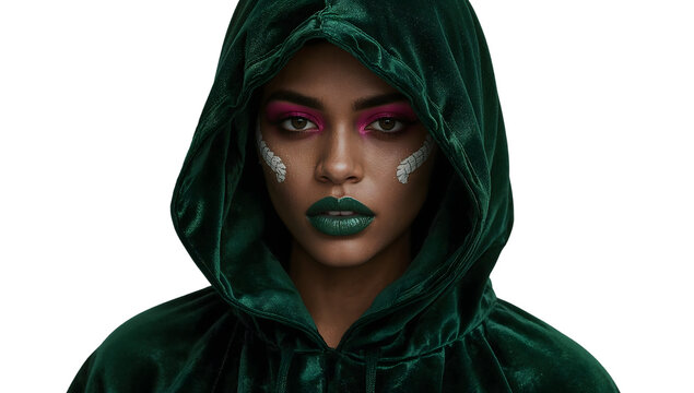 Mysterious woman in green velvet hood with artistic makeup and bold pink eyeshadow on the transparent background