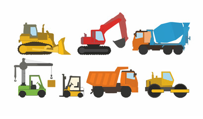 Construction vehicles vector set with bulldozer, excavator, crane, dump truck, and industrial machinery icons © MDFiroj