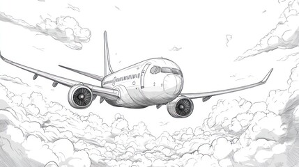 Airplane flying above clouds, sketch illustration, travel, sky