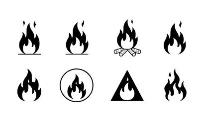 Fire flames vector icon set with minimalist flickering, campfire, and abstract flame illustrations