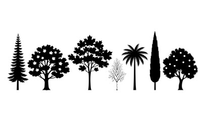 Tree silhouettes vector set with oak, maple, pine, birch, palm, cypress, and fruit tree icons