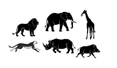 African wildlife vector silhouettes with lion, elephant, giraffe, rhino, cheetah, and warthog icons