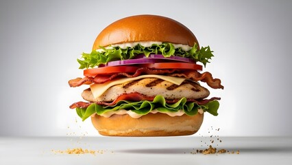 A gourmet chicken and bacon burger floating against a neutral background. Piled high with melted cheese, fresh lettuce, tomato, and red onion. Ideal for menus, food advertising, and culinary projects.