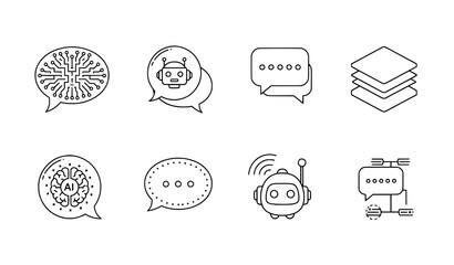 AI chat bubbles vector icon set with machine learning, chatbot, and artificial intelligence thin line icons