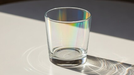 Glass of water refracting sunlight into rainbow spectrum