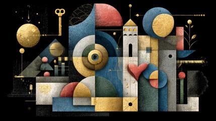 Abstract geometric composition with colorful shapes and textures