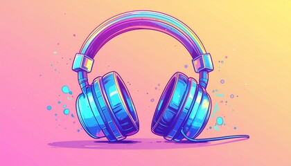 Vibrant blue headphones on colorful background with dynamic light effects