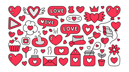 Love's Collage: An array of charming red heart illustrations and sweet symbols of affection create a heartfelt collage, perfect for conveying emotions of love and happiness. 