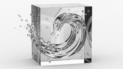 Transparent cube with swirling water wave and splashes