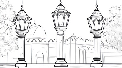 Three detailed streetlamps illuminating a mosque in a city park, monochrome architectural illustration