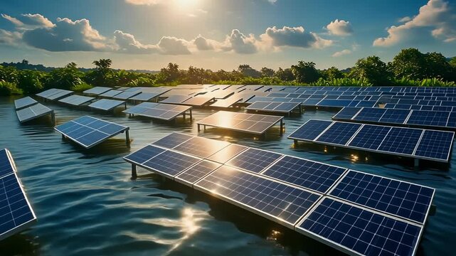 Solar panels floating on calm water at sunset, renewable energy installation