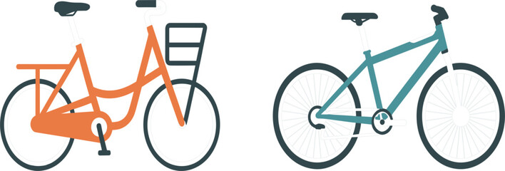 Set of flat bicycle icons with orange city bike and blue mountain bike, healthy lifestyle vector