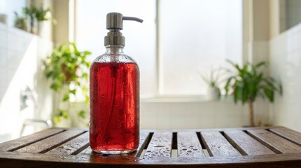 Red liquid soap in glass dispenser on wooden bathroom bench