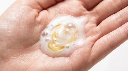Skincare oil and foaming cleanser texture on palm
