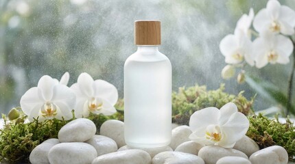 Organic skin care bottle with orchids and moss in mist