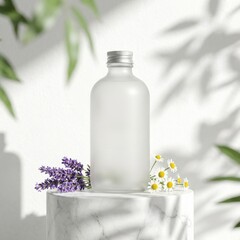Lavender chamomile shampoo bottle on marble pedestal