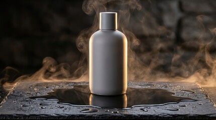 Minimalist matte bottle on wet stone with rising steam
