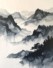 Serene Mountain Landscape with Misty Fog.