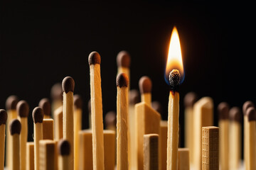 Matchsticks forming tiny lit city skyline.