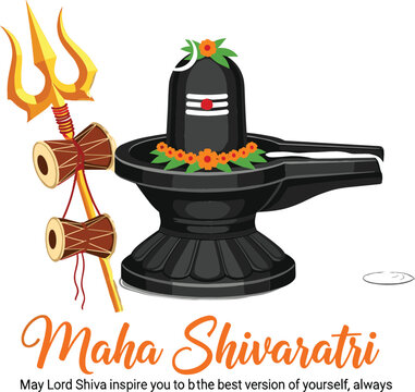 Maha Shivratri vector illustration featuring Shiva Lingam with marigold garland golden Trishula damru and inspirational orange holiday typography.
