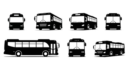 Collection of black bus illustrations showing various perspectives and views, ideal for transport and travel designs.