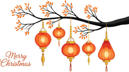 Merry Christmas vector illustration featuring traditional Chinese lanterns hanging from an orange-leafed tree branch on a white background.