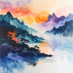 Watercolor Painting of Mountains and Lake.