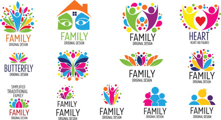 Vector logo template collection featuring twelve colorful abstract family and community icons with modern professional sans-serif typography.