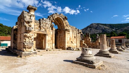 Fototapeta premium Ancient Roman Ruins with Arches and Columns Under a Blue Sky